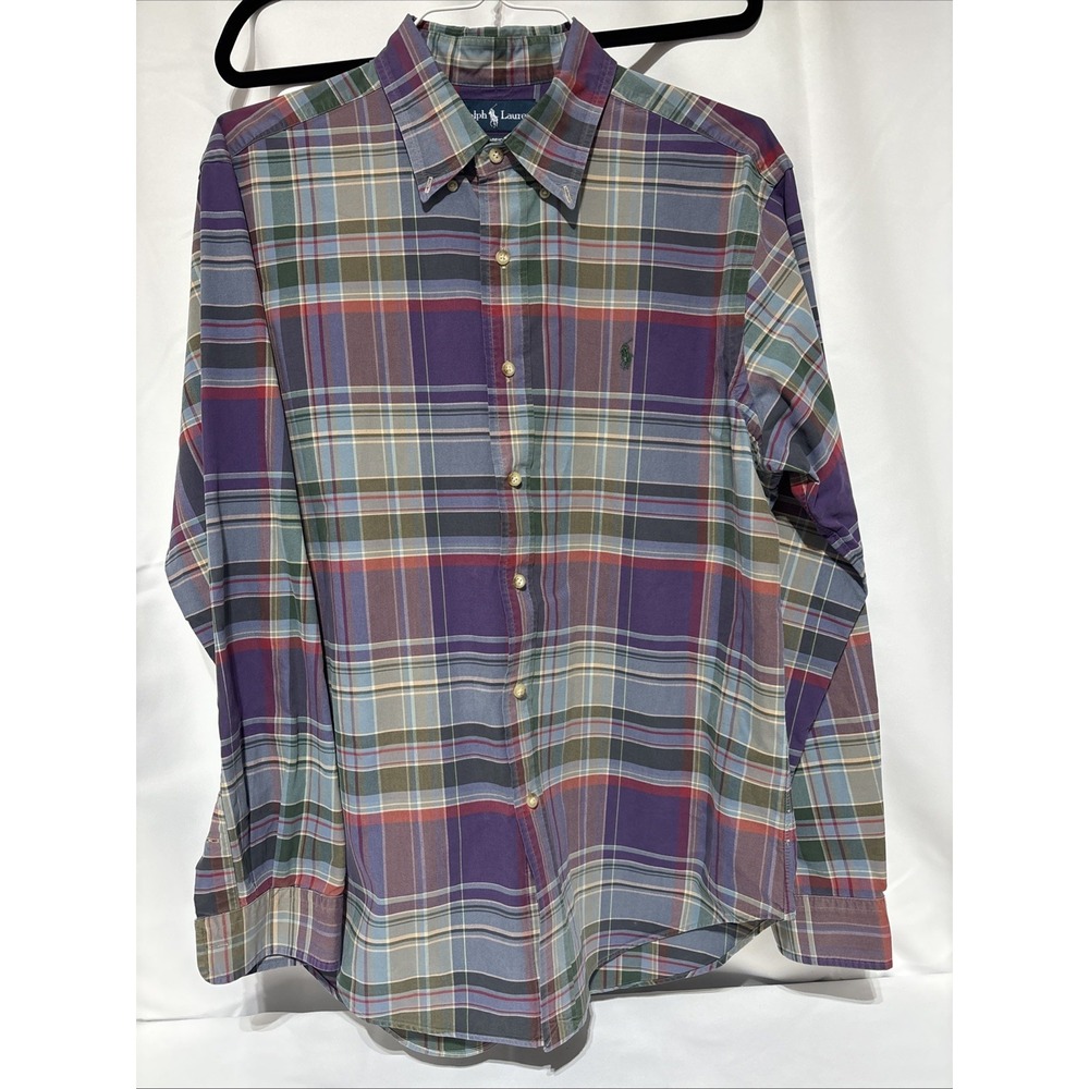 Ralph Lauren Men's L Blue Green Purple Plaid Button Up Classic Fit Cotton Shirt‎